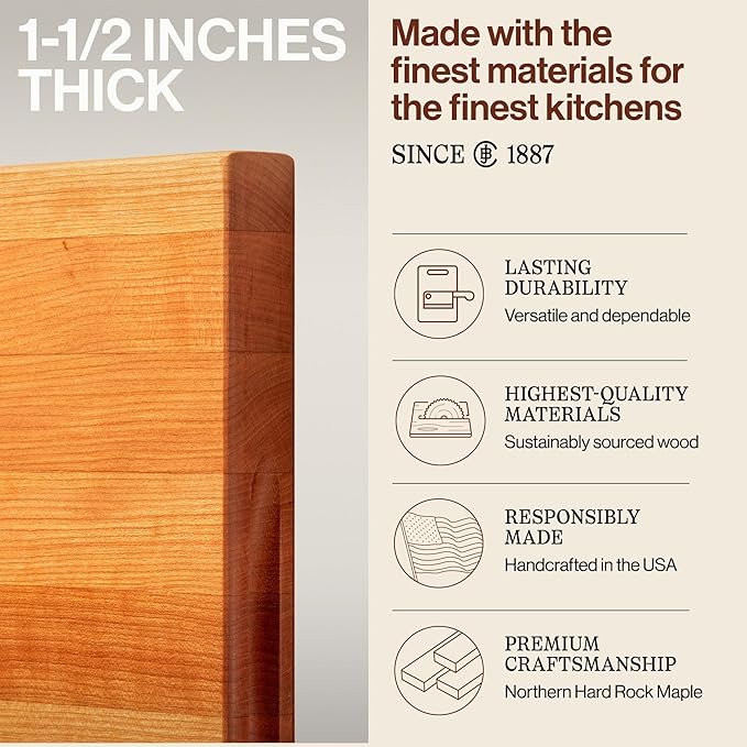 John Boos R-Board Series Rectangular Wooden Cherry Cutting Board 20”x15” – 1.5” Thick, 10-lb Reversible Butcher Block with Edge-Grain & Finger Grips – Made in the USA