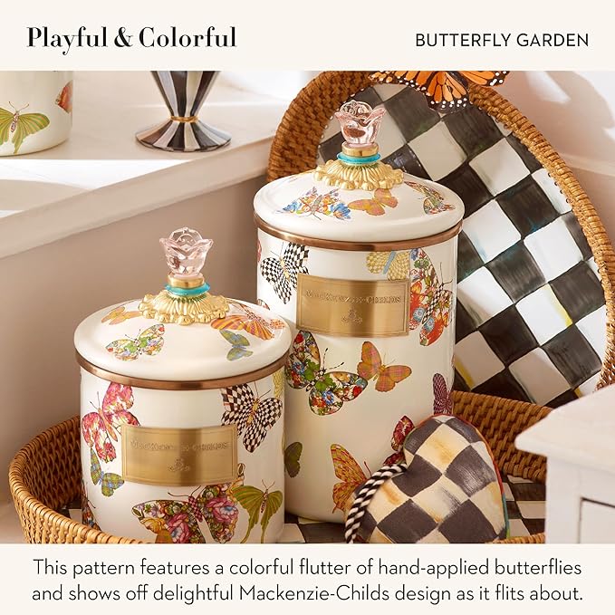 MACKENZIE-CHILDS Butterfly Garden Enamel Canister, Pretty Kitchen Storage Container with Lid, Small