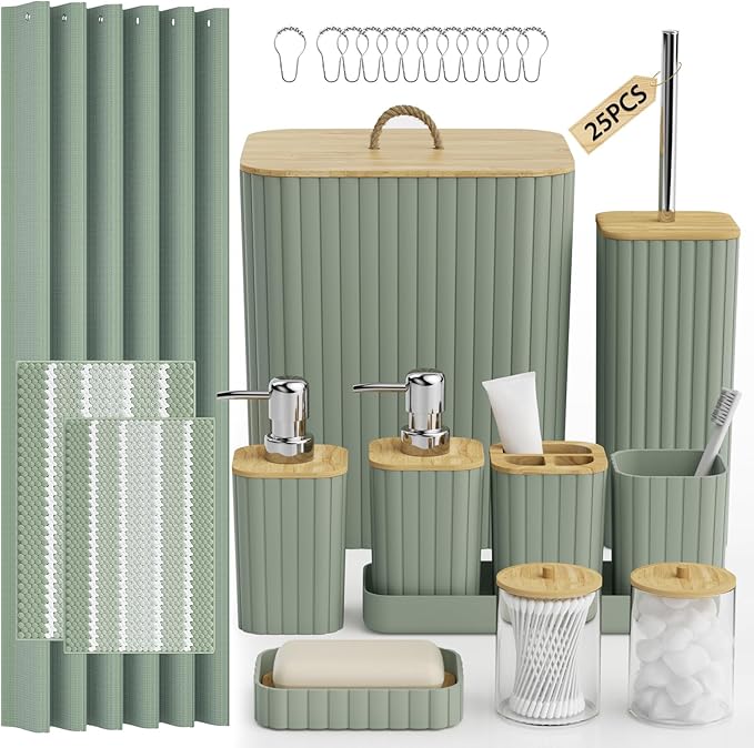 Bathroom Accessory Set - 25PC Bathroom Sets with Shower Curtain and Rugs, Sage Green Bathroom Set, Bathroom Accessories Set, Shower Curtain Sets with Rugs, Bathroom Trash Can & Soap Dispenser