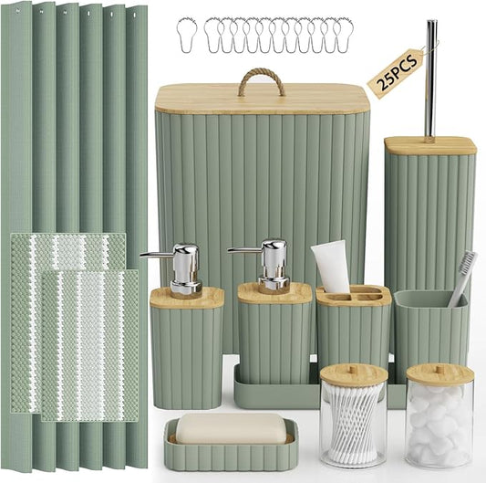 Bathroom Accessory Set - 25PC Bathroom Sets with Shower Curtain and Rugs, Sage Green Bathroom Set, Bathroom Accessories Set, Shower Curtain Sets with Rugs, Bathroom Trash Can & Soap Dispenser