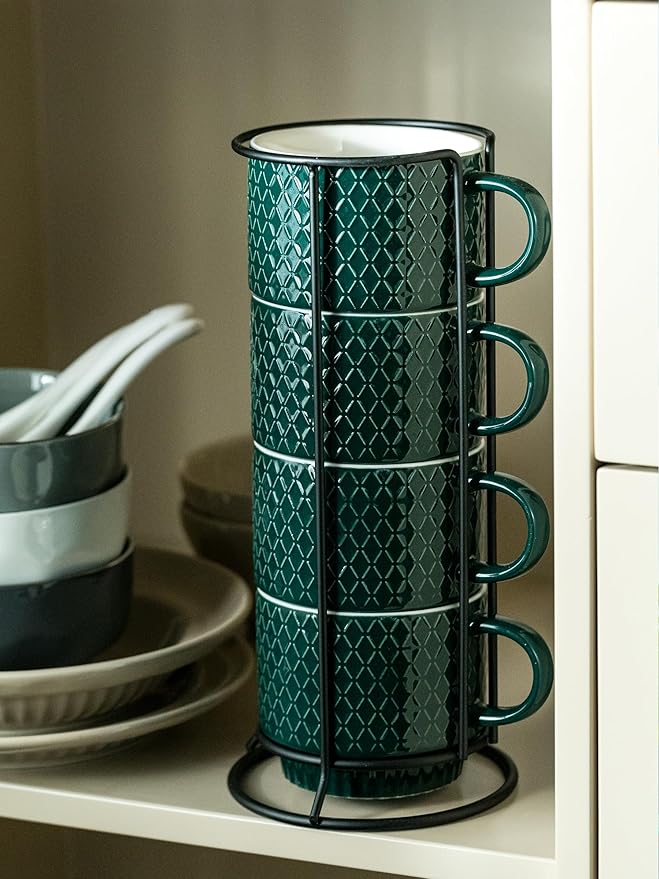 LYEOBOH Coffee Mug Set Porcelain Stackable Coffee Mugs with Stand and Spoons, 13 OZ. Cappuccino Cup Demitasse Cups for Drinks, Espresso, Latte,Set of 4, Dark Green