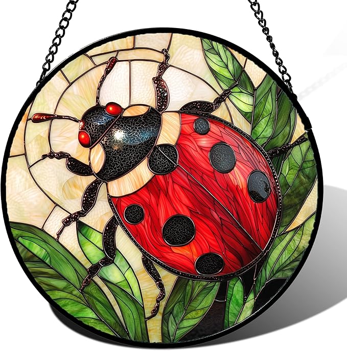Stained Glass Window Hanging - Red Seven-Spotted Ladybug Sun Catcher for Door Home Decor Insect Suncatcher Christmas Mother's Day Birthday Gifts for Women Men Mom Nana 15 in