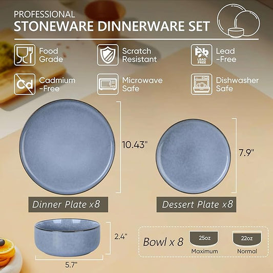 Herogo 24-Piece Stoneware Dinnerware Sets for 8, Stackable Dinner Plates and Bowls Sets, Double Reactive Glaze Dishware Place Setting for Kitchen, Scratch Resistant, Microwave Safe, Haze Blue