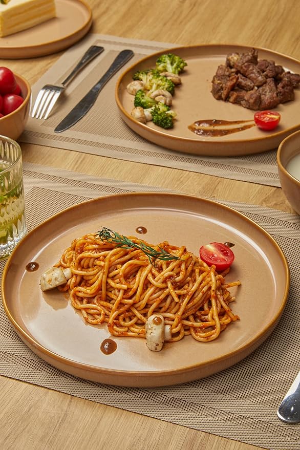 Ceramic Dinnerware Set for 4,Reactive Glaze Plates and Bowls Sets,Microwave Safe,Chip-Resistant Dish Set,Perfect for Modern Dining,Farmhouse Style (Cappuccino, Service for 4 (12pcs))