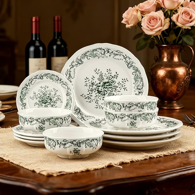Ceramic Dinnerware Set 12Piece Ornate Edge Dish Set for 4 Vintage Green Floral Elegant ChipResistant Kitchen Plates Bowls for Daily Use & Party Microwave & Dishwasher Safe(Green)
