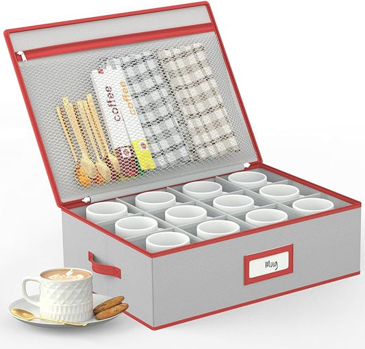 homyfort Coffee Mug Storage Box, China Cup Storage Organizer Containers Hard Shell Stackable with Dividers Holds 12 Coffee Mugs and Tea Cups