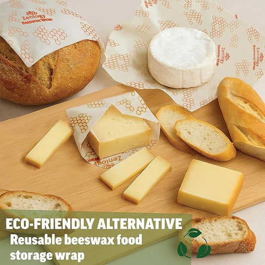 Zenlogy Reusable Beeswax Food Storage Wrap, Eco Friendly Alternative, Sustainable Organic Cut to Size Cotton Beeswax Wraps, 3 Pack (13" x 14", 10" x 11", 7" x 8")