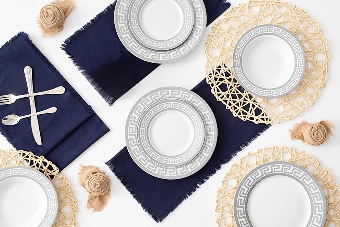 Dinnerware Set for 8-49 Piece Vintage Porcelain Dish Set - White and Silver Greek Key Design - Luxurious Tableware - For Everyday Use or Formal Occasions (Meander Silver 2049)