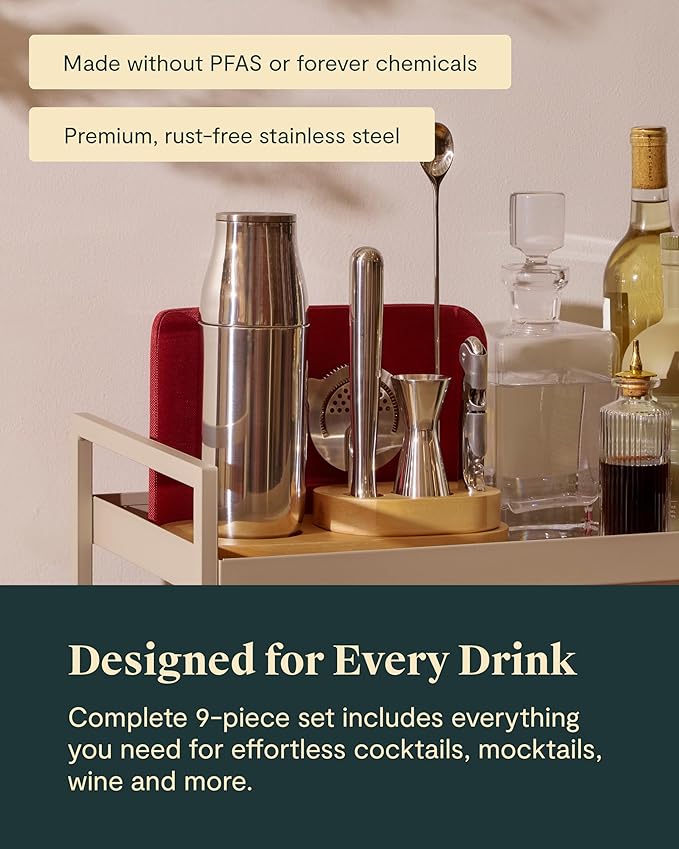 Caraway 9-Piece Complete Bar Set - Cocktail Shaker, Jigger, Muddler, Wine Key, Strainer, Bar Spoon, Storage Organizer, Magnetic Backer - Bartender Accessories - Tools for Home Bartending - Cream