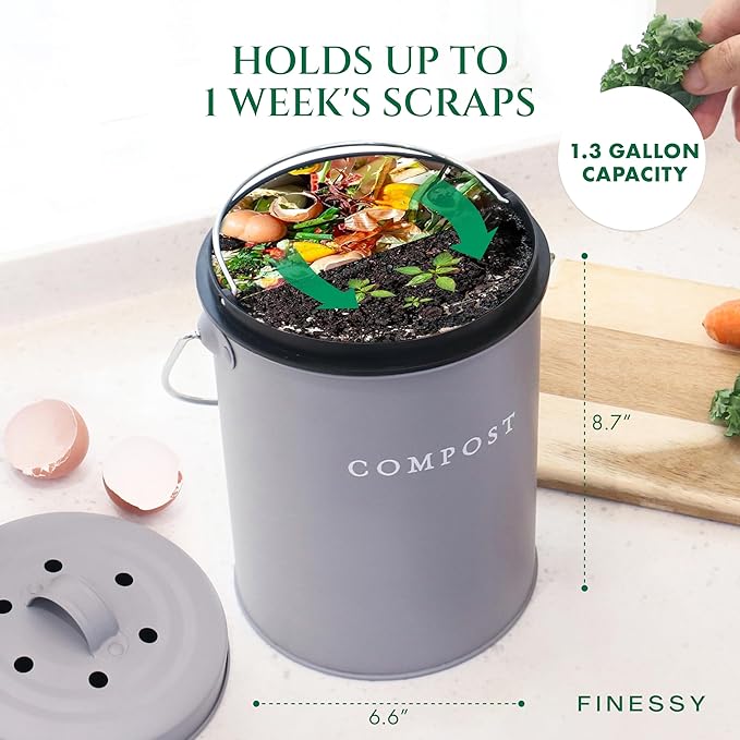 FINESSY Indoor Compost Bin Kitchen Odorless with Lid for Composting Food Waste Bucket for Counters, Stainless Steel Kitchen Compost Bin Countertop Trash Can, Indoor Food Composter Recycler Container