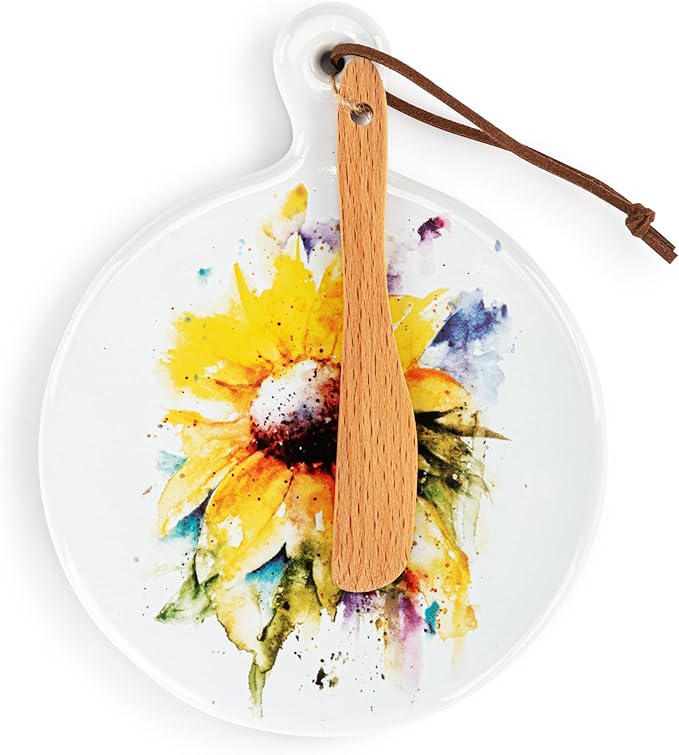 DEMDACO Dean Crouser Collection Watercolor Yellow Sunflower Round Mini 5 x 6.5 Stoneware, Suede, Wood Cutting Cheese Serving Board with Knife