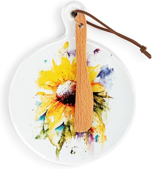 DEMDACO Dean Crouser Collection Watercolor Yellow Sunflower Round Mini 5 x 6.5 Stoneware, Suede, Wood Cutting Cheese Serving Board with Knife