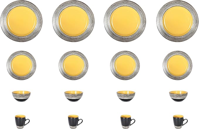 16 Piece Dinnerware Set, Ceramic Plates and Bowls Sets for 4, Microwave and Dishwasher Safe, Handcrafted Tree Bark Series Dish Set, Sunflower/Yellow