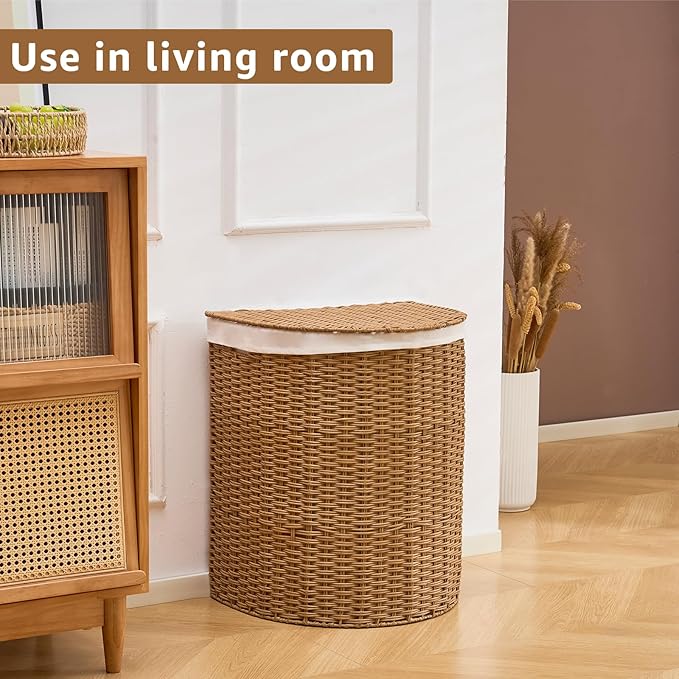 Wicker Half Moon Laundry Basket with Lid and 2 Replaceable Liner Bags, Handwoven Rattan Hamper for Dirty Clothes, Rattan, 120L