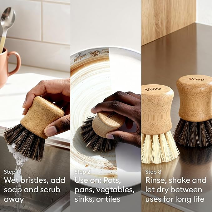 Vove Bamboo Scrub Brush Set, 3 Pack - FSC Certified Bamboo, Plastic-Free Natural Fiber Bristles, Sisal & Union Fibers, Stainless Steel - Kitchen Dish Scrubbing Set, 2 Hard, 1 Medium