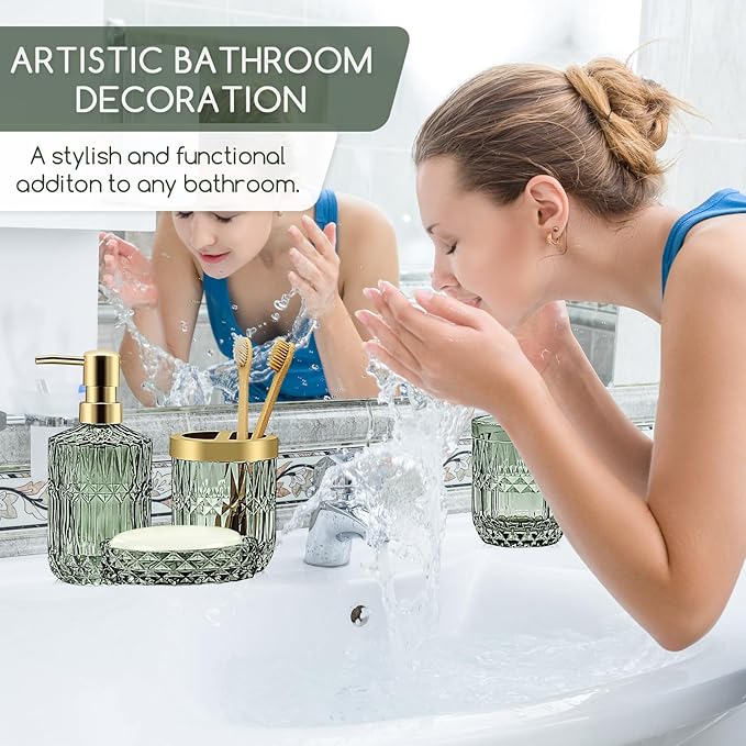 Green Bathroom Accessories Set, 5 Pcs Vintage Diamond Clear Glass Bathroom Set Include Lotion Soap Dispenser, Soap Dish, Toothbrush Holder, Tumbler, Cotton Swab Jar for Modern Bath Countertop Decor