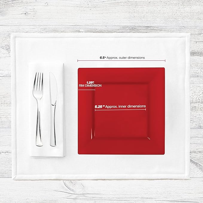 Smarty Had A Party 120 Red Square Plates for Salad 6.5" – Heavy-Duty Disposable Tableware for Weddings – Red Plastic Dessert Plates 120 Guests, High-End, Versatile Look