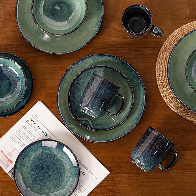 16 Piece Dinnerware Sets for 4， Scratch Resistant,microwave oven and Dishwasher Safe Plates and Bowls Sets Ceramic, Dish Set, Bowl and Plate Set -Kiln turns foggy green