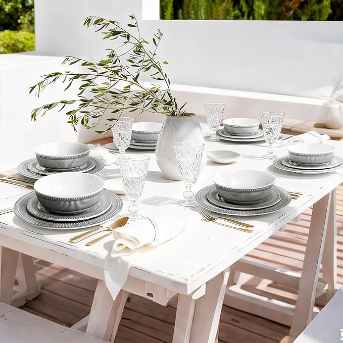 AELS Melamine Dinnerware Set of 18 Pcs, Dinner Dishes Set for Indoor and Outdoor Use, Melamine Plates and Bowls Set for 6, Dishwasher Safe, Lightweight Unbreakable, BPA Free, Gray