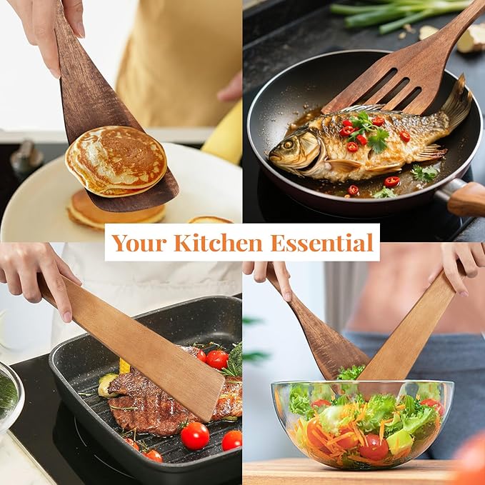 3Pcs Wooden Spatulas, Acacia Wood 12inch Long Handle Flat Frying Turner, Non-Stick Wooden Spoons for Cooking, Kitchen Utensils Set for Flipping, Scraping and Turning