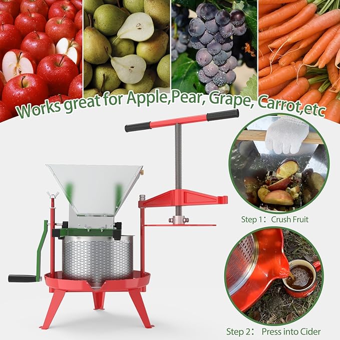 EJWOX Fruit and Apple Crusher - 7L Manual Juicer Grinder, Portable Fruit Scratter Pulper for Home Brewing & Cider Pressing (Stainless Steel, 1.8 Gallon, Green)