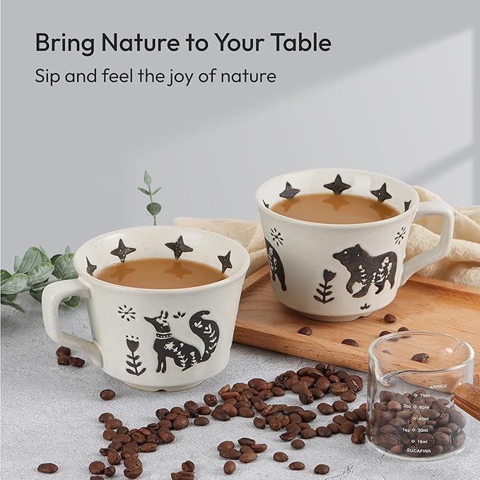 Ceramic Coffee Mug, 12 oz Novelty Unique Teacup with Handle, Stoneware Cup for Tea Mocha Latte Cappuccino Espresso (Set of 2, Fox and Bear)