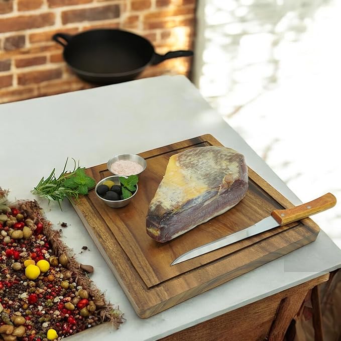 Acacia Wood Steak Plates, Square 12" x 12", Set of 2 Durable Joint Free, Cutting and Serving Board Displaying Continuous Grains of Solid Wood, Perfect for Steak Dinner, with Juice Groove