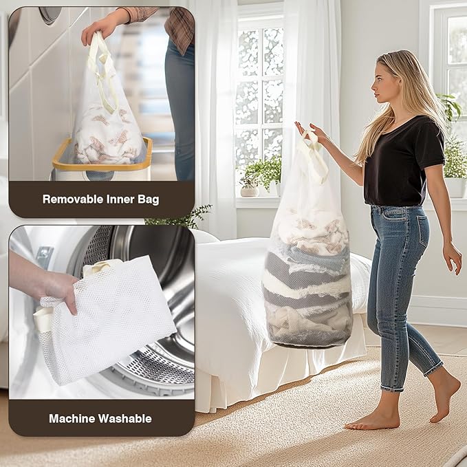 100L Laundry Hamper with Lid, Large Laundry Basket with Bamboo Handles, Clothes Hampers for Laundry with Removable Bag, Dirty Clothes Hampers for Bedroom Aesthetic, Beige
