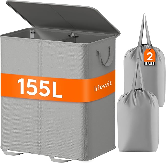 Lifewit Double Laundry Hamper with Lid and Removable Laundry Bags, Large Collapsible 2 Dividers Dirty Clothes Basket with Handles for Bedroom, Laundry Room, Closet, Bathroom, College, 155L Silver Gray