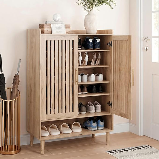 6-Tier Shoe Storage Cabinet with 2 Slatted Doors, Large Wooden Shoe Cabinet with Gold Handle, Hidden Entryway Shoe Organizer for Hallway, Foyer, Natural Oak