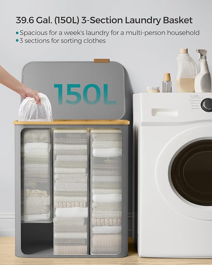 SONGMICS Laundry Hamper with Lid, 3-Section Large Laundry Basket, 52.8-gallon (150L), Removable Mesh Liner, Bamboo Handles, Collapsible, 23.6 x 15.2 x 27.8 Inches, Dove Gray ULCB515G01