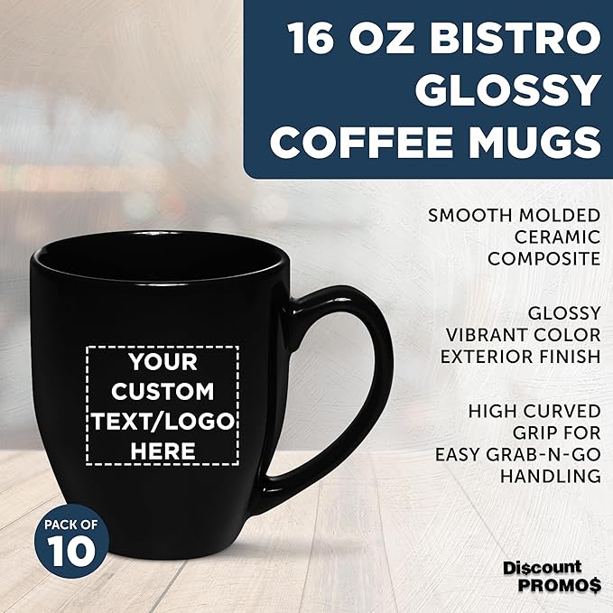 Custom Large Coffee Cups 16 oz. Set of 10, Personalized Bulk Pack - Perfect for Tea, Espresso, Cappuccino, Hot Cocoa - Black