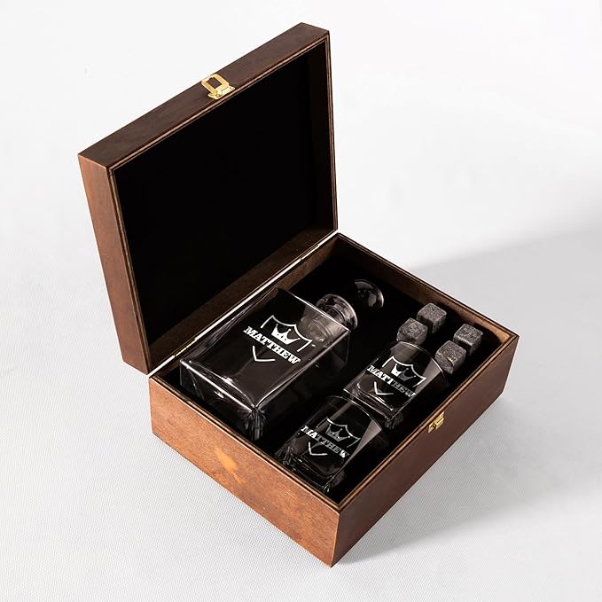 Personalized Whiskey Decanter Set with Engraved Glasses - Personalized Gifts for Men With Engraved Wooden Box and Whiskey Stones