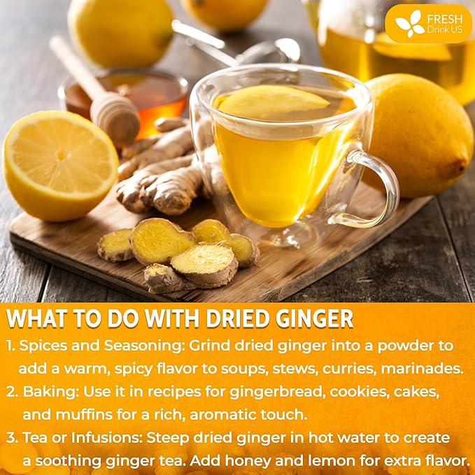 FreshDrinkUS, Premium 10oz Natural Ginger Roots, Cut and Sifted, 100% Natural & Pure from Ginger Roots, Ginger Tea, Ginger Loose Herbal Tea, No Additives, No Caffeine, Vegan