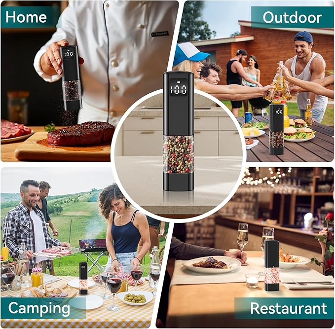 Upgraded Larger Capacity Electric Salt and Pepper Grinder Set Rechargeable with Digital Display, Refillable Electric Pepper Grinder Mill Set with Light & Ceramic Core, Adjustable Coarseness