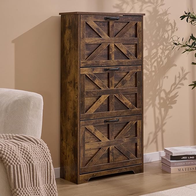Shoe Storage Cabinet with Bench, Farmhouse Shoe Organizer with Barn Door Design, Space-Saving Hidden Narrow Shoe Rack Cabinet for Entryway, Hallway & Foyer, Brown