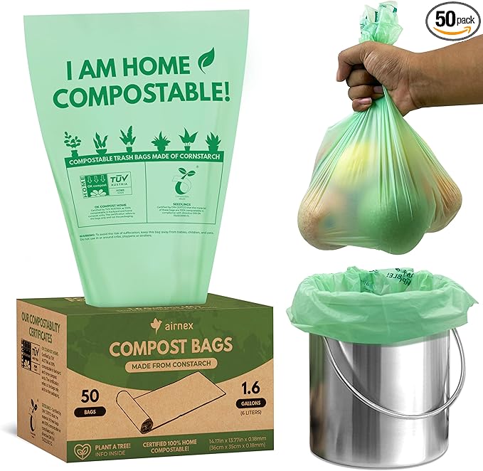 50 Small Compost Bags for Countertop Bin 1.6 Gal - Cornstarch Compost Trash Bags - Leakproof & Tear Resistant Compostable Bags for Kitchen Compost Bin - OK Compost Home & Seedlings Certified