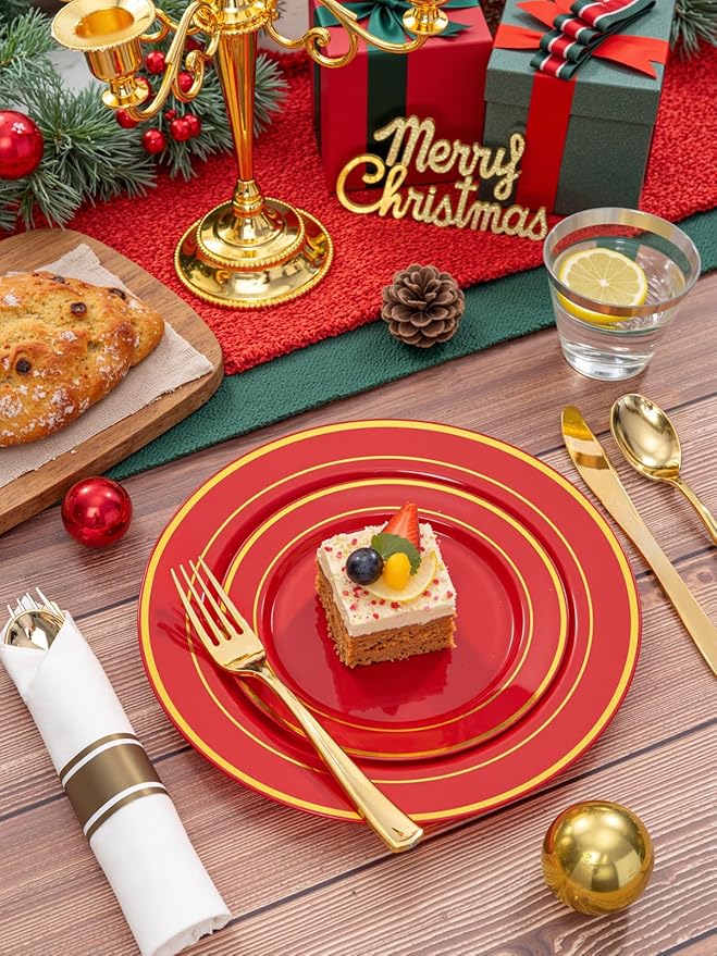 175 Pieces Red Plastic Plates with Gold Rim Include Dinner Plate 10”, Dessert Plate 7”, gold Cups 9 OZ, Pre Rolled Napkins 25 of each type for Christmas Party