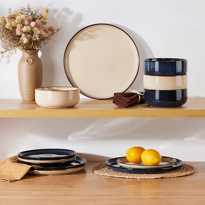 Herogo 12 Pieces Stoneware Dinnerware Dishes Sets for 4, Kitchen Dining Plates and Bowls Sets, Double Reactive Glaze, Microwave & Dishwasher Safe, Scratch Resistant, Starry Blue & Cream Khaki