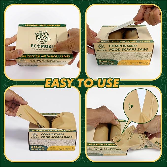 EcoMokii Compostable Trash Bags 3 Gallon, 120 Count, Extra Thick 0.8 Mil Small Compost Bags for Kitchen Countertop Bin, Food Scrap Bag Certified by BPI & OK Compost Home
