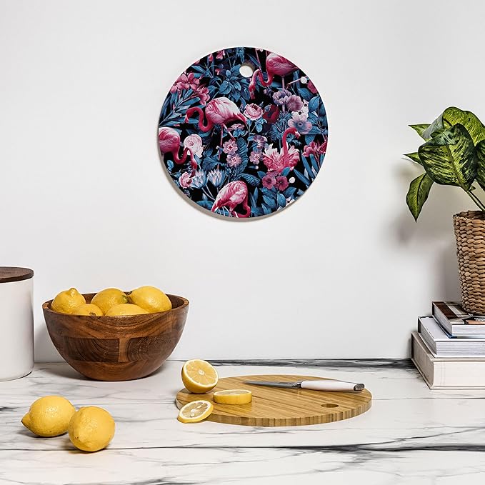 Society6 Bamboo Cutting Board- Kitchen Decor by Burcu Korkmazyurek - Unique Cutting Boards for Kitchen, 11.5" x 11.5" x 0.5", Floral And Flamingo VIII