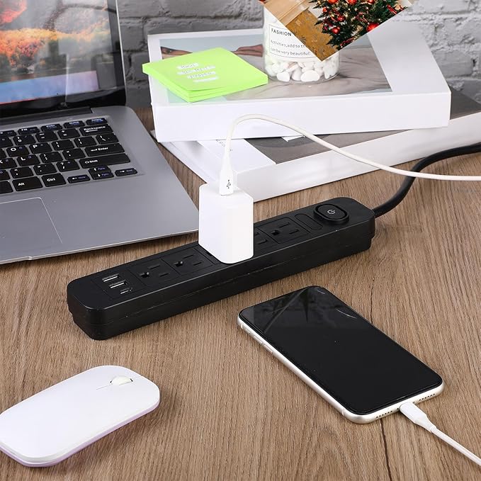 Kanayu 6 Pieces Power Strip Surge Protector with 5 Ac Outlets and 3 USB Ports, Heavy Duty Extension Cords Plug for Home Office Dorm(4.92 ft,Black)