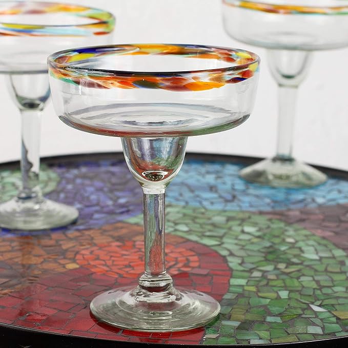 NOVICA Artisan Handmade Blown Glass Margarita Clear Multicolor Mexico Tableware Drinkware 'Confetti Path' (set of 6)