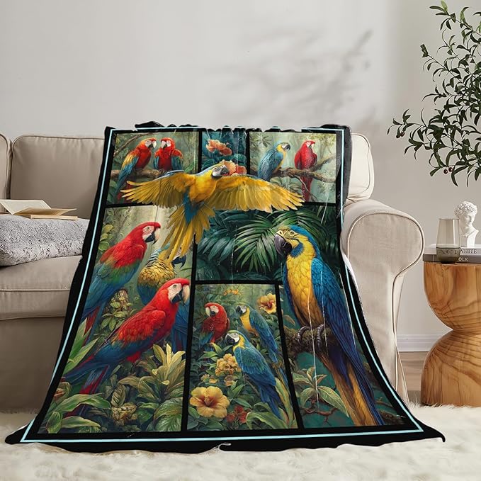 Parrot Blanket Gifts for Girls Women Boys Tropical Birds Throw Blankets Cozy Plush Fleece Botanical Flannel Fuzzy for Couch Decor 80"X60"