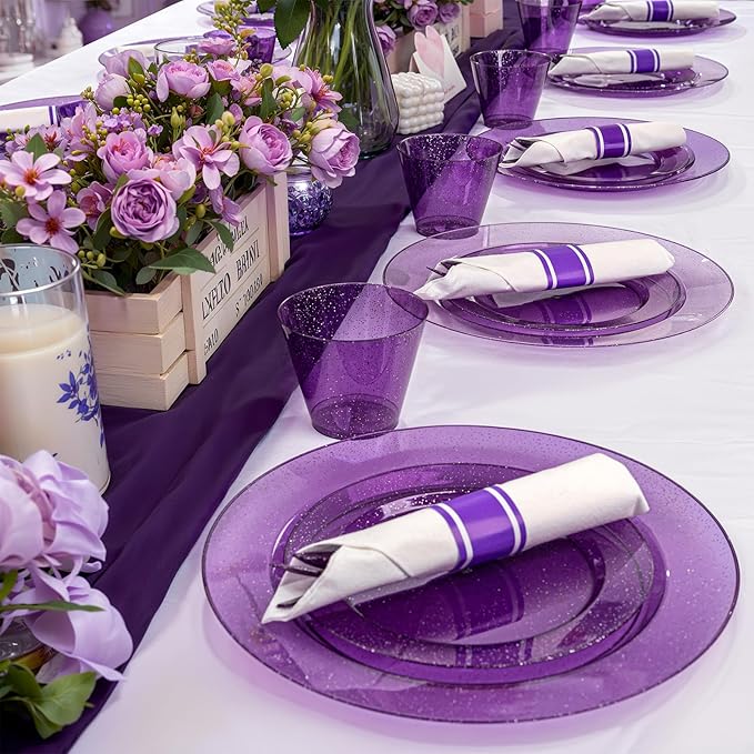 DaYammi 210 Purple Glitter Plastic Dinnerware Set for 30 Guests, Fancy Disposable Plates for Party, Include: 30 Dinner Plates, 30 Dessert Plates, 30 Pre Rolled Napkins with Purple Silverware, 30 Cups