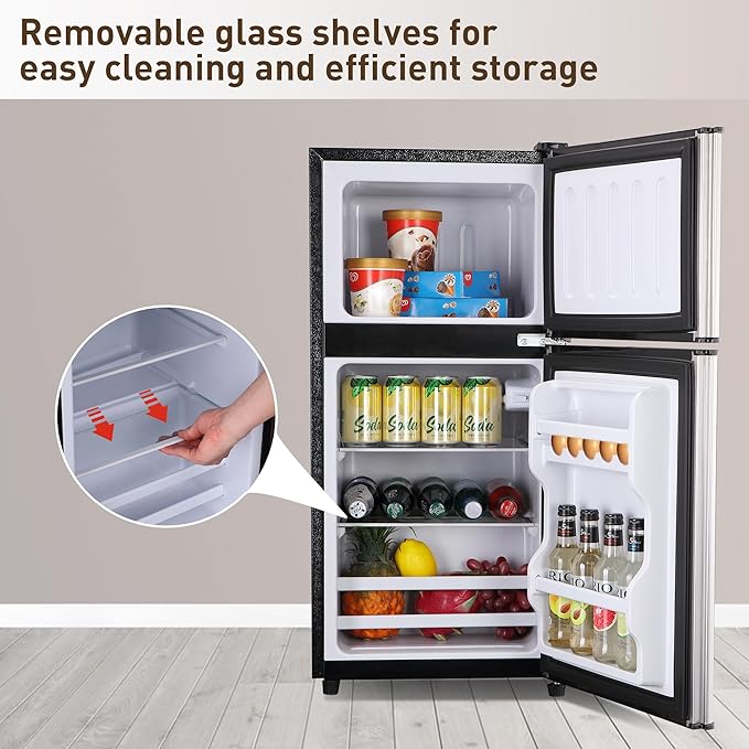 Mini Fridge with Freezer, 3.2 Cu. Ft. Apartment Size Refrigerator with Freezer, Dorm Fridges with Freezer Adjustable Thermostat, Small Refrigerator for Apartment, Office, Kitchen, Dorm, Silver