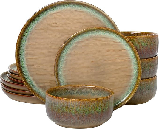 Joseph Sedgh Collection “Alyssa” 12-Piece Stoneware Dinnerware Set with Reactive Glaze Finish, Service for 4, Brown Reactive Glaze