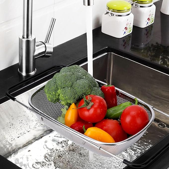 ZDRongZhen Kitchen Accessories Over the Sink Colander Strainer Basket，Stainless Steel Colander with Expandable Rubber Grip Sink Drainer-Rinse Vegetables Fruits &Strain&Drain (Medium-Dense round hole)