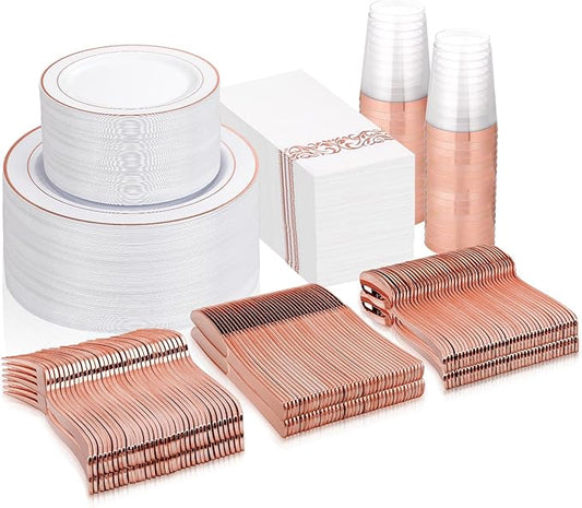 Supernal 400pcs Rose Gold Plastic Plates Disaposable Heavy Duty included Disposable Utensils& Plastic Party Plates Disaposable Party Cups and Napkins Sets for Wedding Party and Birthday