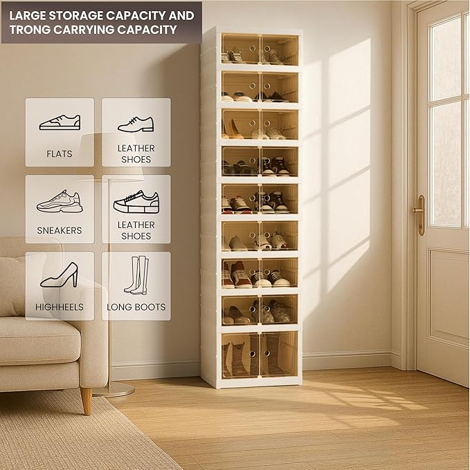 Foldable Shoe Organizer Storage Box Set of 2, Portable Extra Large Folding Shoe Rack for Closet, Shoe Storage Box with Magnetic Transparent Door and Wheels, 9 Layers 18 Grids with 2 Big Grids